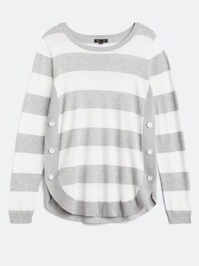 Lety & Me December Side Detail Striped Crewneck Sweater in Light Gray and White